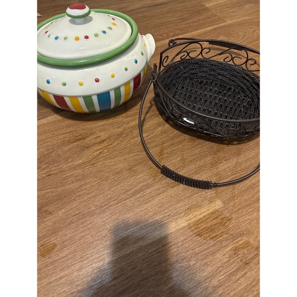 Other - Multicolor Striped Ceramic Bean Pot Tureen with Lid and Metal Wire Basket Carry
